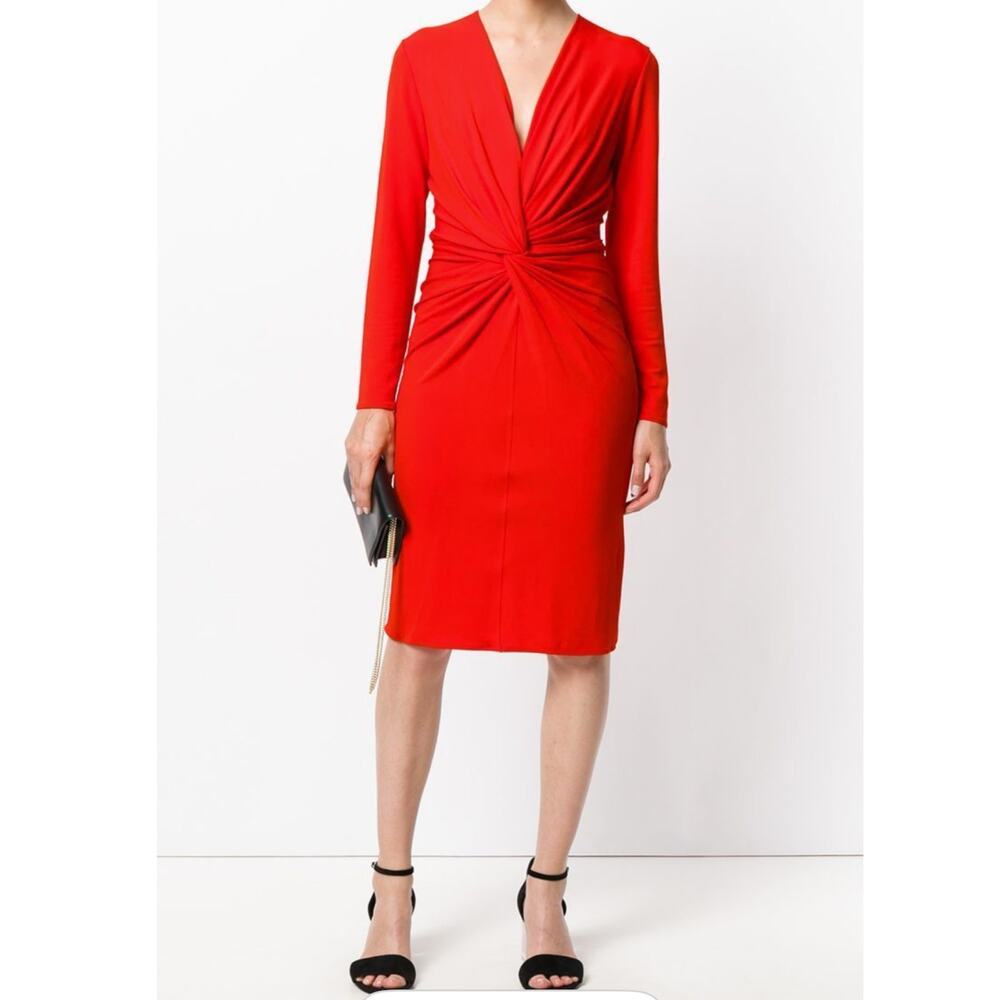 Lanvin Paris Red Knee Length V-Neck Dress Size 38 EU 6 US